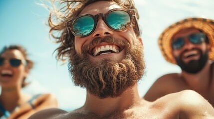 A close-up of friends enjoying a sunny day at the beach, capturing their smiles and laughter, highlighting the warmth and happiness of summer vibes and good times.