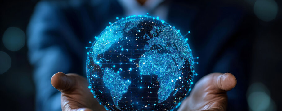 Businessman holding a digital, glowing Earth hologram in his hands on a dark background, 