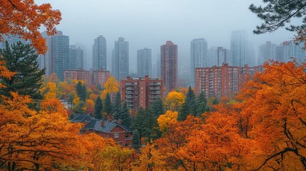 City skyline view framed by vibrant fall foliage and foggy skies overhead. It can be used for seasonal designs, travel, or urban nature themes.