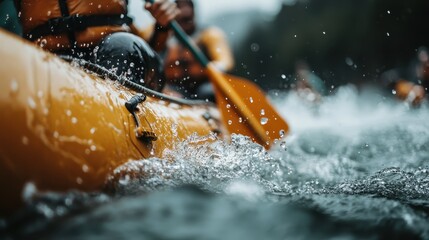 A thrilling kayaking scene featuring vibrant yellow kayaks navigating through choppy waters, encapsulating the excitement and challenge of water sports in nature.