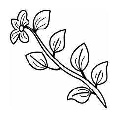 Black and White Line Drawing of a Simple Flower and Leaves