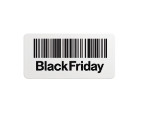 The "Black Friday" barcode sticker offers a visual cue for sales events, on a contrasting black background.