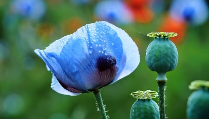 close up of a pollinated poppy flower with a green seed pod and blue petals showing fine details and dewdrops in soft lighting on a blurred background