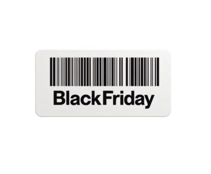 The "Black Friday" barcode sticker offers a visual cue for sales events, on a contrasting black background.