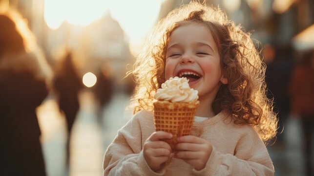 A cheerful girl with curly hair smiles broadly while holding a delicious ice cream cone, representing childhood joy and the simple pleasures of life on a sunny day.