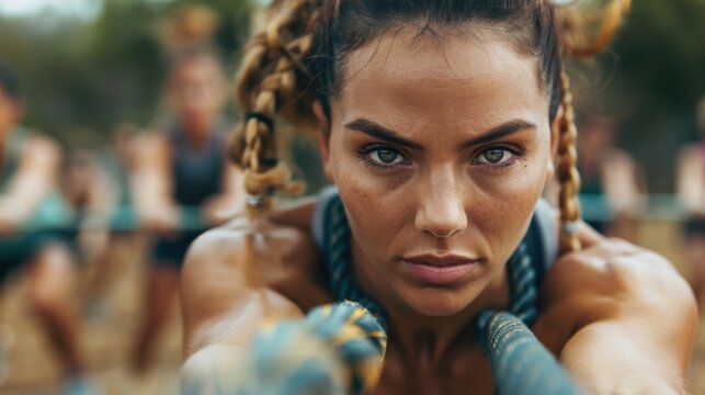 An intense image of a strong woman engaging in a fitness challenge outdoors, showcasing determination and strength amidst a competitive and empowering atmosphere.
