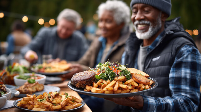 Smiling older man with gray beard holds a plate of delicious food, including fries and a burger, while enjoying a lively outdoor dining experience with friends - Powered by Adobe