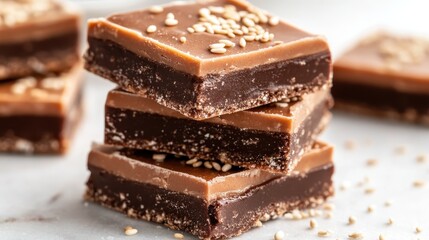 An enticing close-up of beautifully arranged chocolate and caramel squares, showcasing a delectable dessert that delights both the eyes and the taste buds with its rich flavors.