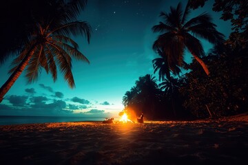 Serene Beach Campfire Under Starry Sky with Palm Trees at Dusk