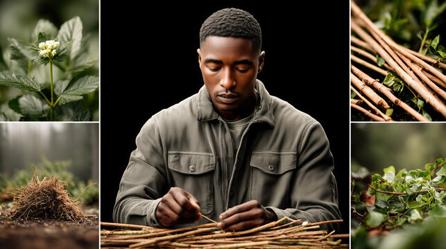 African American man engaged in crafting with natural materials, focused on weaving sticks together, surrounded by greenery and organic textures, showcasing traditional skills and artistry - Powered by Adobe