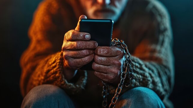 An intense moment capturing an elderly man grasping his phone, highlighting themes of technology dependence and the emotional struggles associated with digital connectivity.