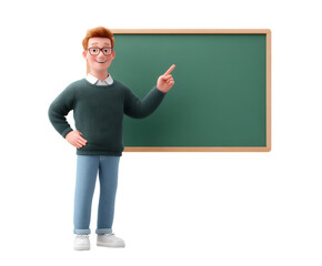 Cheerful teacher points towards a chalkboard, ready to deliver a lesson.