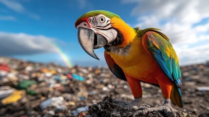 A vivid, colorful parrot stands out against a dreary landscape of litter, symbolizing the resilience of nature and the need for environmental awareness in today's world.