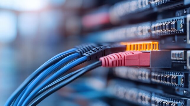 A striking close-up of network cables plugged into a server rack, symbolizing the complexity and connectivity of modern technology and communication systems.