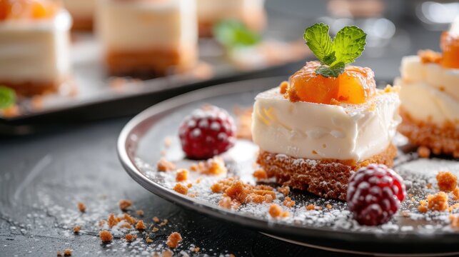 A sumptuous dessert featuring a creamy topping, fresh fruit, and a crumbly base, ideal for appealing to dessert lovers and culinary enthusiasts alike.