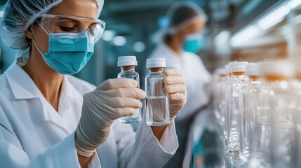 A focused female scientist wearing protective gear inspects glass vials containing liquids in a modern laboratory, symbolizing innovation and diligent research in science.