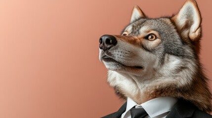 A surprising portrayal of a wolf dressed in a formal suit, blending nature with human elements, evoking curiosity and a sense of whimsy.