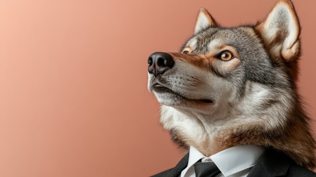 A surprising portrayal of a wolf dressed in a formal suit, blending nature with human elements, evoking curiosity and a sense of whimsy.