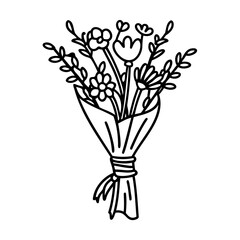 Black Line Art Wildflower Bouquet Wrapped in Paper
