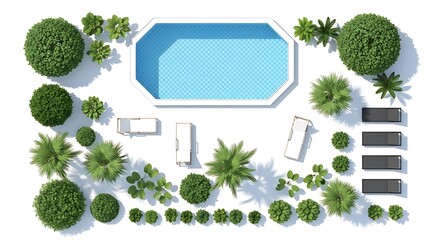 Top view illustration of a luxurious pool area with lush greenery and sun loungers