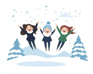 Fototapeta premium Joyful Kids Jumping in Snowy Winter Landscape with Snowflakes