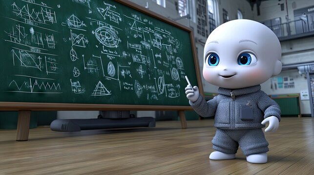 Cute cartoon character in front of a chalkboard filled with equations.