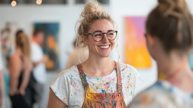 A joyful artist in glasses smiling amid vivid paint splatters, reflecting creativity and passion for art while engaging with like-minded individuals in a vibrant studio atmosphere.