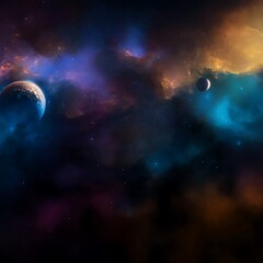 Colorful space nebula with orbiting planets