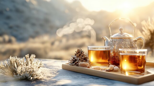 A serene tea setup with a silver teapot and glasses, surrounded by natural elements, bathed in warm sunlight, evoking feelings of comfort and relaxation.