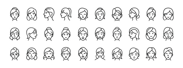 Female Avatar Line Icons – Profile, Face Expressions & Hairstyles UI Icon Set