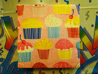 Colorful Cupcake Party Napkin on Retro Birthday Wrapping Paper

