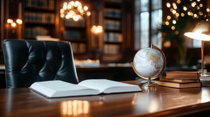 This inviting study room features an elegant desk with a globe, open book, and warm lighting, creating a cozy and inspiring environment for reading and learning.