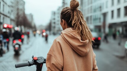 A woman rides her scooter in an urban street, reflecting the dynamic and modern lifestyle of city living, highlighting convenience and personal mobility.