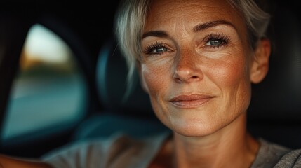 A serene and confident middle-aged woman sitting in a car, radiating warmth through her genuine expression and well-defined features, perfect for conveying self-assurance.