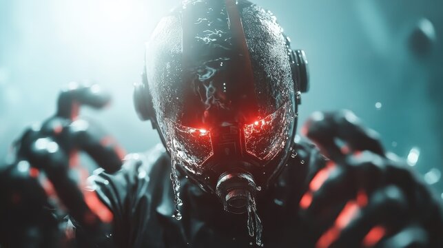 A striking robot figure emerges from an abstract watery environment, glowing with red eyes and dramatic lighting, evoking a sense of intrigue and futuristic exploration.