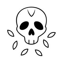 Black Line Art Skull with Surrounding Leaves white 1