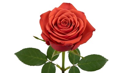 Fototapeta premium Beautiful single rose with red orange petals and green leaves on a white background