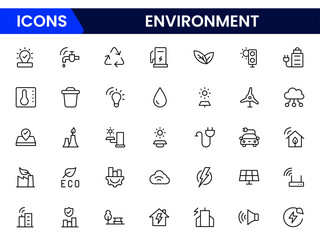 Eco-friendly vector web line icons depicting environment, sustainability, recycling, green energy, and nature conservation for a healthier planet.