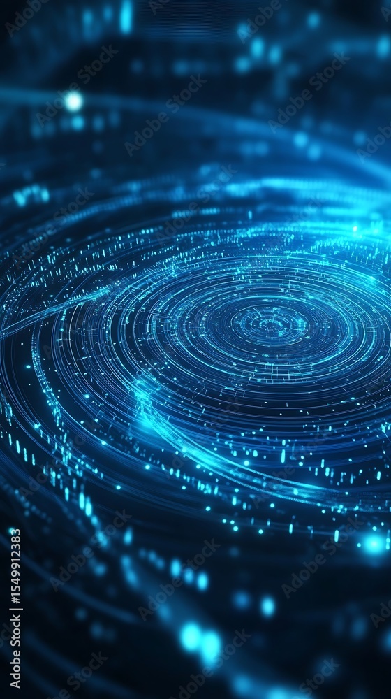 Poster abstract data stream blue concentric circles, lines and points, technology