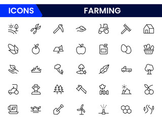Productive vector web line icons depicting farming, agriculture, crops, livestock, tractors, and sustainable practices for modern farm operations.