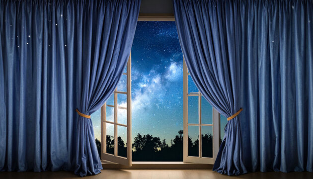 Open French doors reveal a night sky brimming with stars and a silhouetted treeline, framed by deep blue curtains tied back with light cords