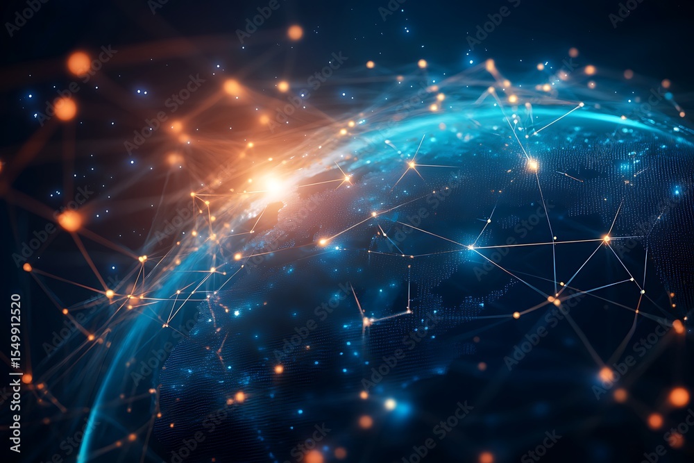 Poster Abstract Globe Map Connections with Glowing Nodes and Lines in Blue and Orange