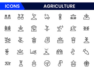 Fertile vector web line icons depicting agriculture, crops, farming tools, livestock, irrigation, and sustainable practices for modern food production.