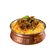 Authentic Telugu and Andhra Gongura Chicken Biryani in a Copper Biryani Pot on a Transparent PNG Background