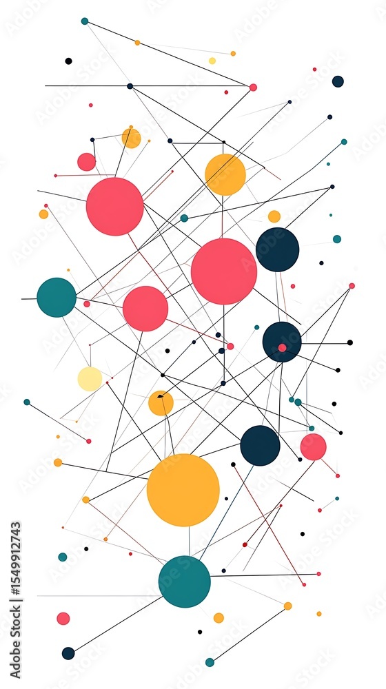 Aufkleber Abstract Network Colorful Circles Connected by Lines on a White Background