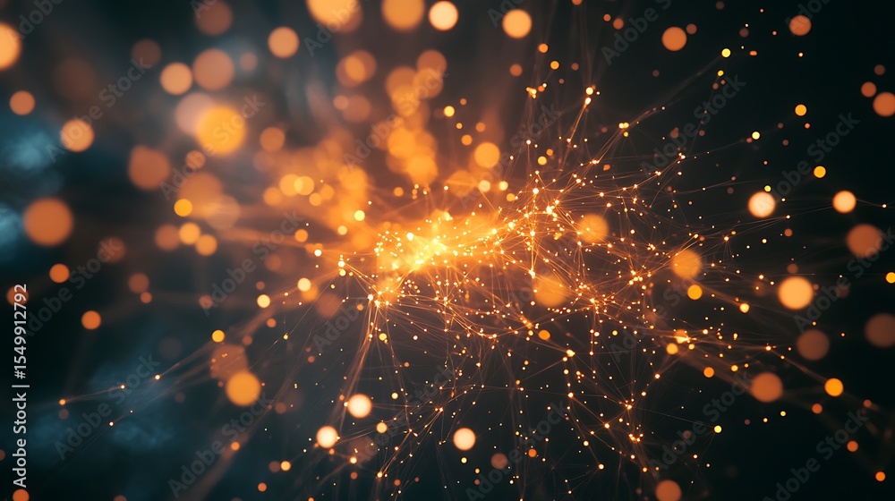 Poster Abstract Network of Glowing Nodes and Lines on Dark Backdrop, Golden Connection