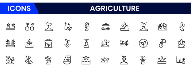 Fertile vector web line icons depicting agriculture, crops, farming tools, livestock, irrigation, and sustainable practices for modern food production.