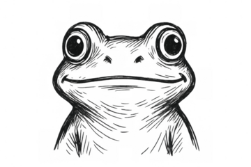 Cartoon-style frog drawing with wide grin, oversized eyes, smiling playfully against transparent backdrop