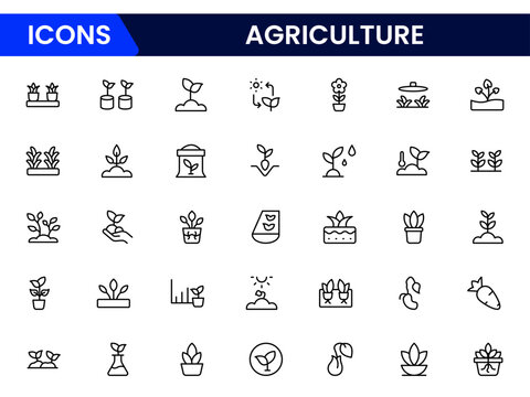 Fertile vector web line icons depicting agriculture, crops, farming tools, livestock, irrigation, and sustainable practices for modern food production.