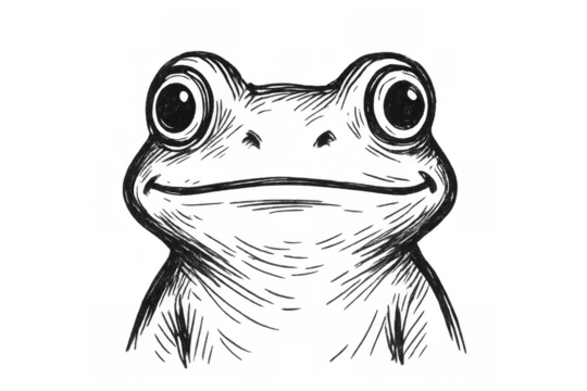 Cartoon-style frog drawing with wide grin, oversized eyes, smiling playfully against transparent backdrop - Powered by Adobe